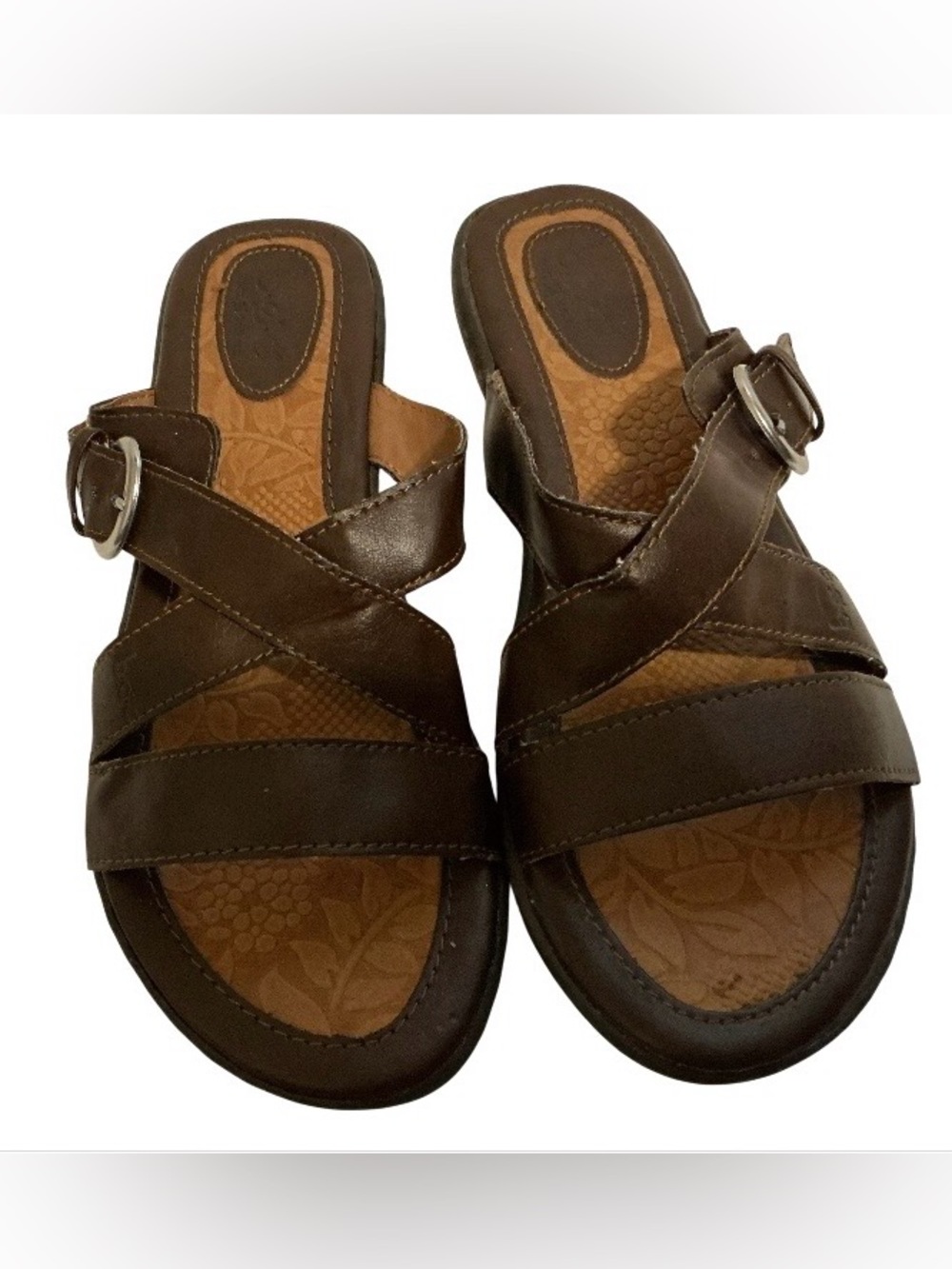 B.O.C. Born Brown Crisscross Slide Sandals Buckle Accent Comfort Shoes Womens 7M